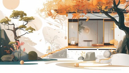 Artistic illustration of house design in autumn. 🏠🍂 Capturing the warmth and beauty of the season, perfect for creating cozy and inviting living spaces.