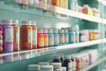 A Row of drug bottles and pill tablet box on the pharmacy