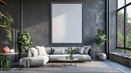 mock up poster frame in modern interior background, living room, Contemporary style, 3D render, 3D illustration 