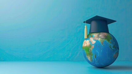 Graduation cap with Earth globe. Concept of global business study  abroad educational  Education in Global world  Study abroad business in universities in worldwide blue background