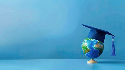 Graduation cap with Earth globe. Concept of global business study  abroad educational  Education in Global world  Study abroad business in universities in worldwide blue background