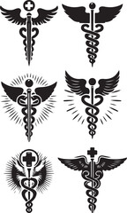 caduceus health symbol asclepias wand icon caduceus health silhouette vector illustration. 