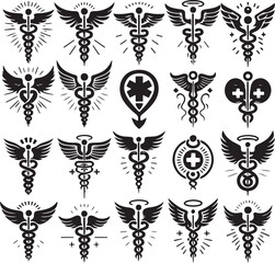 caduceus health symbol asclepias wand icon caduceus health silhouette vector illustration. 