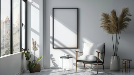 Mockup black poster frame and accessories decor in cozy white interior background 
