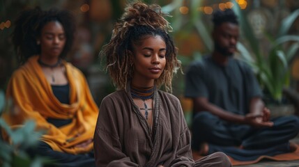 Fototapeta premium Group of friends practicing mindfulness meditation, promoting mental health and relaxation.