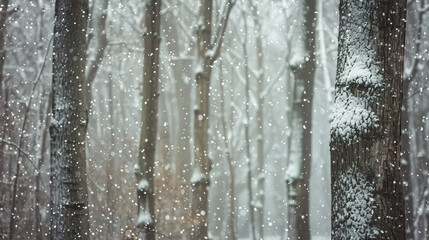 Obraz premium a serene winter forest, snow-covered trees, a gentle snowstorm blurring the background
