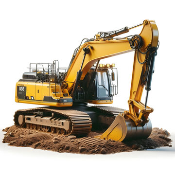 The yellow excavator stands on the earthen on a white isolated background	