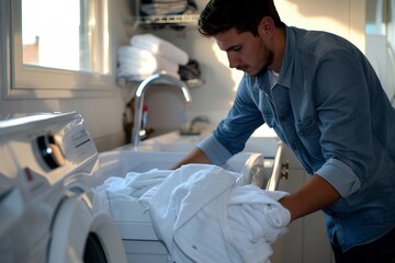 A Young husband man doing laundry at home