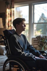 A Young male student in wheelchair at home