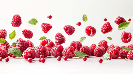Various falling fresh ripe raspberries on a light isolated white background.
