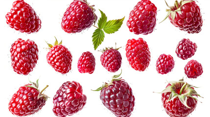 Various falling fresh ripe raspberries on a light isolated white background.
