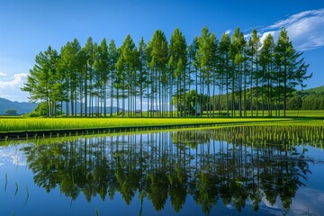 水田に映る木と青空