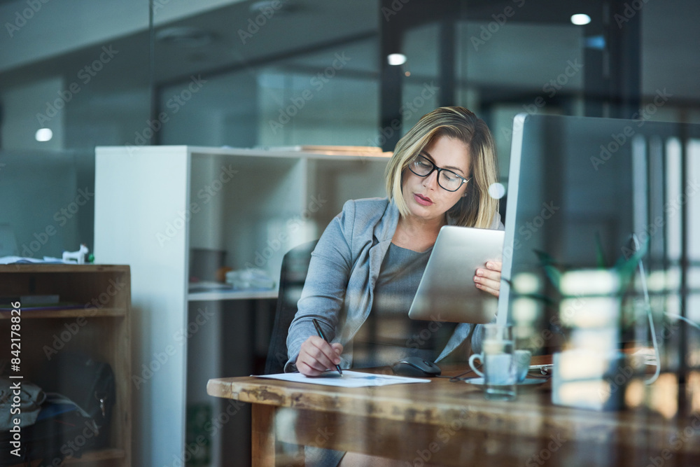 Poster woman, office and tablet with writing on paper for memo or deadline as project manager in web agency