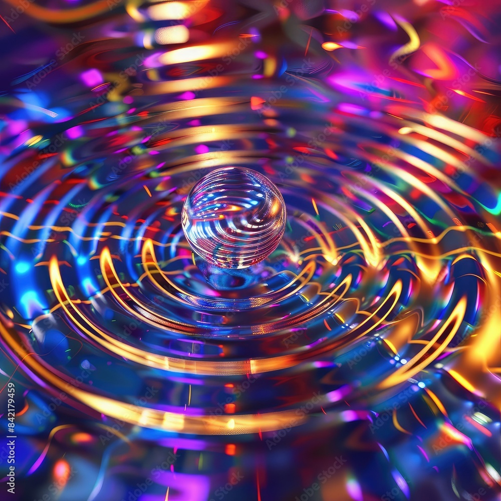 Poster vibrant abstract image of a glass sphere causing colorful light ripples in water. dynamic and colorf