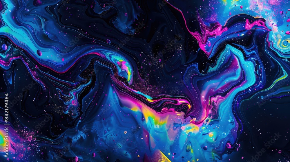 Poster vibrant abstract fluid art with bold neon colors and swirling patterns, creating a dynamic and energ