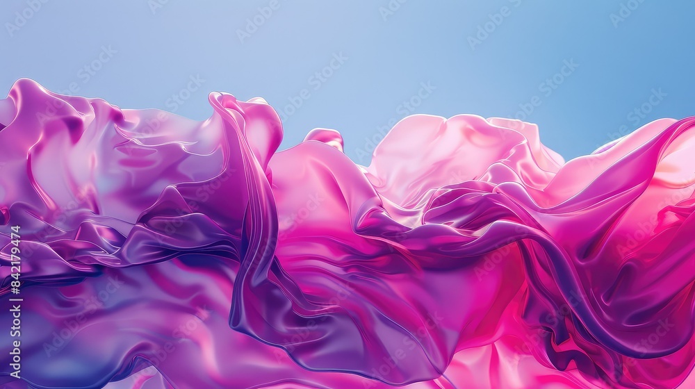 Poster vibrant abstract pastel fabric waves in pink and purple on a blue gradient background, creating a dy