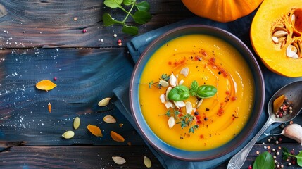 A bowl of creamy pumpkin soup puree served on a dark blue wooden table, perfect for a vegetarian lunch.