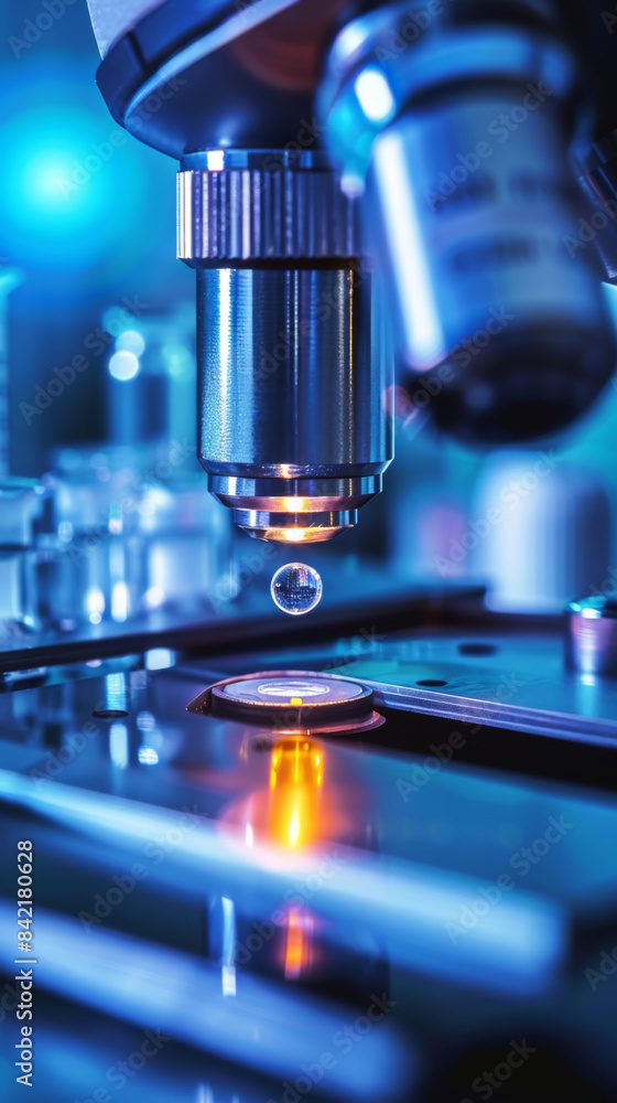Aufkleber a microscope is focused on a small object, which appears to be a drop of water