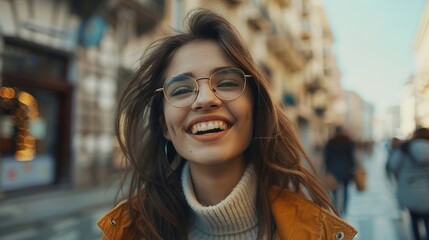 Gorgeous young lady smiling through her glasses in a portrait. Trendy models wear stylish clothes. moving through streets. perspective of the city from below