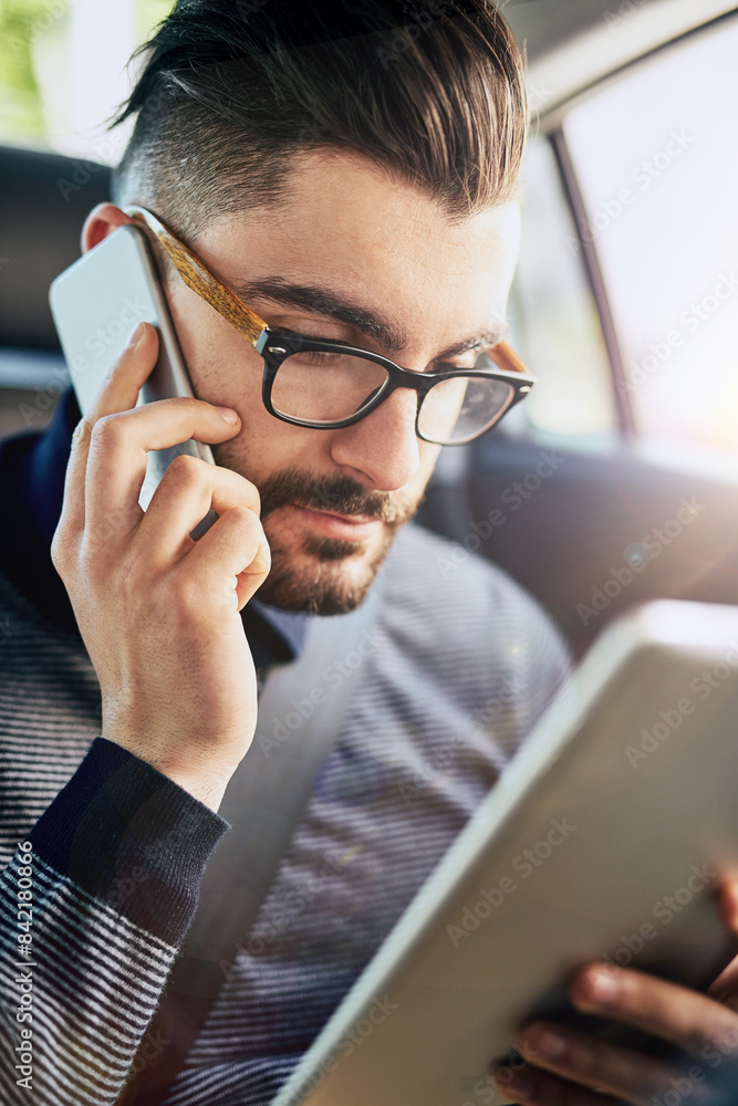 Poster businessman, phone call and tablet in car for networking, conversation and online for schedule. conn