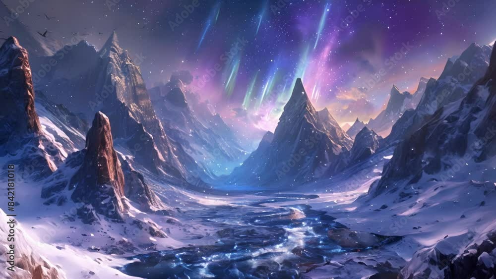 Poster Nestled between the towering peaks the Aurora Borealis illuminates the night sky in a spectacular array of colors. The jagged edges of the mountains seem to create a natural pathway