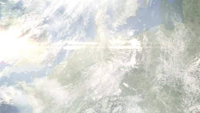 Earth zoom in from space and focus on Hameln, Germany. 3D style Animation. Satellite view. Background for travel intro, blog. Images from NASA.