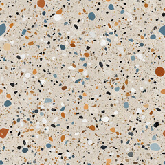 Terrazzo flooring vector seamless pattern. Italian terrazzo mosaic texture. Terrazzo seamless print tile. Concrete, granite, cement terrazo template. Terrazzo Floor material. Particles pebble, glass.