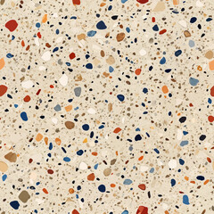 Terrazzo flooring vector seamless pattern. Italian terrazzo mosaic texture. Terrazzo seamless print tile. Concrete, granite, cement terrazo template. Terrazzo Floor material. Particles pebble, glass.