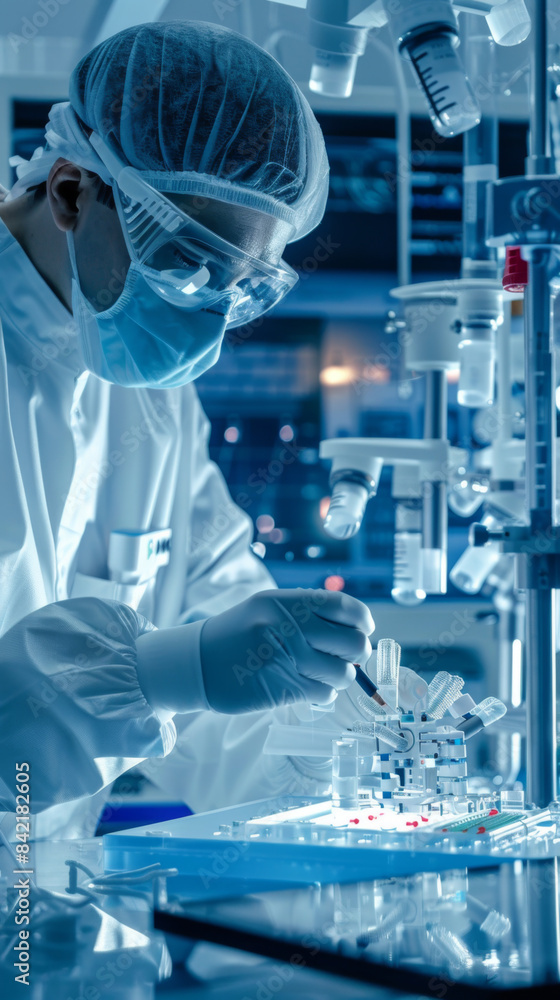 Poster a man in a lab coat is wearing a mask and gloves while working with a microscope