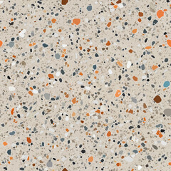 Terrazzo flooring vector seamless pattern. Italian terrazzo mosaic texture. Terrazzo seamless print tile. Concrete, granite, cement terrazo template. Terrazzo Floor material. Particles pebble, glass.