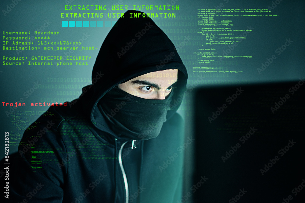 Poster cybercrime, hacker and computer virus with typing for code, futuristic and cyber attack with overlay