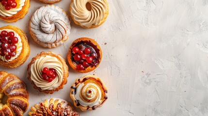 Fototapeta premium Pastries on a light background with empty space captured from above