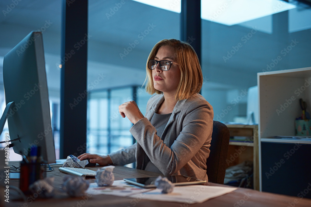 Poster business woman, planning and computer at night for reading email, think and working on project in of