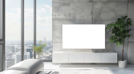 Mockup up modern TV in high-rise apartment, AI-generative