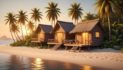 Obraz premium An old wooden hut situated on a secluded beach, surrounded by lush greenery and tall palm trees, with the golden glow of the setting sun casting long shadows.