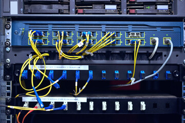 Data center, cables and hardware in control room for information technology, configuration or...