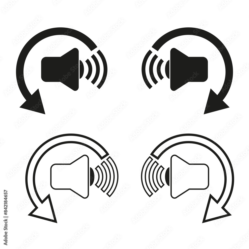 Poster a set of black and white speaker icons with sound waves and arrows. the design includes both filled 