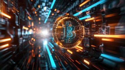 Fototapeta premium Bitcoin blockchain cryptocurrency mining technology, digital background wallpaper banner