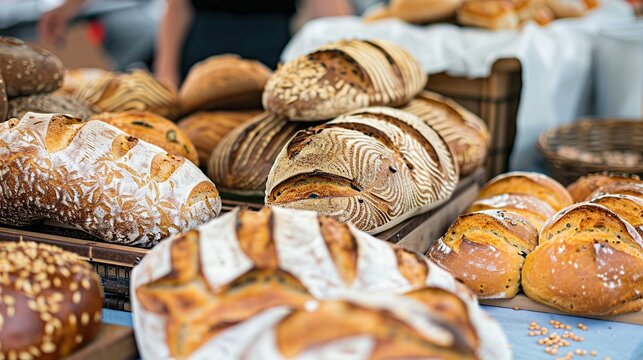Artisan fresh bread on table displayed for sall on vendors stall . Generative Ai