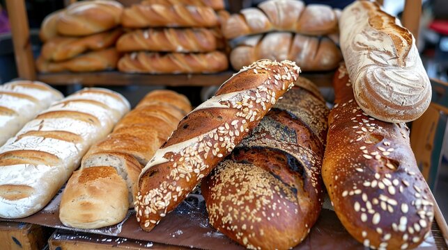 Artisan fresh bread on table displayed for sall on vendors stall . Generative Ai