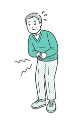 腹痛でお腹を押さえて苦しむ高齢男性のイラスト