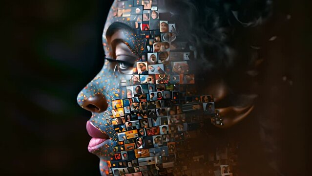 The human face, made from different portraits of different people of diverse ages, genders, and races over a black background,generative ai
