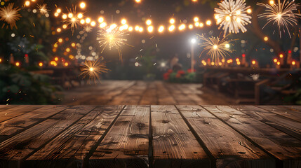 Empty wooden table with festive fireworks in the sky, perfect for celebrating Independence Day or other festive events