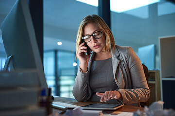 Office, lawyer or business woman with phone call, case information and talking with contact....