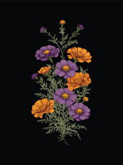 Marigolds and purple cosmos flowers with ornamental and curved branches arranged in a neat and simple way