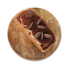 Round croissant with chocolate chips and cream isolated on white, top view. Tasty puff pastry