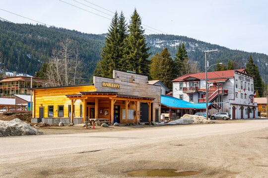 General view of the main street through the historic mining village of Ymir, in the Selkirk Mountains of the West Kootenay region of Southeastern British Columbia, Canada, April 29 2023.