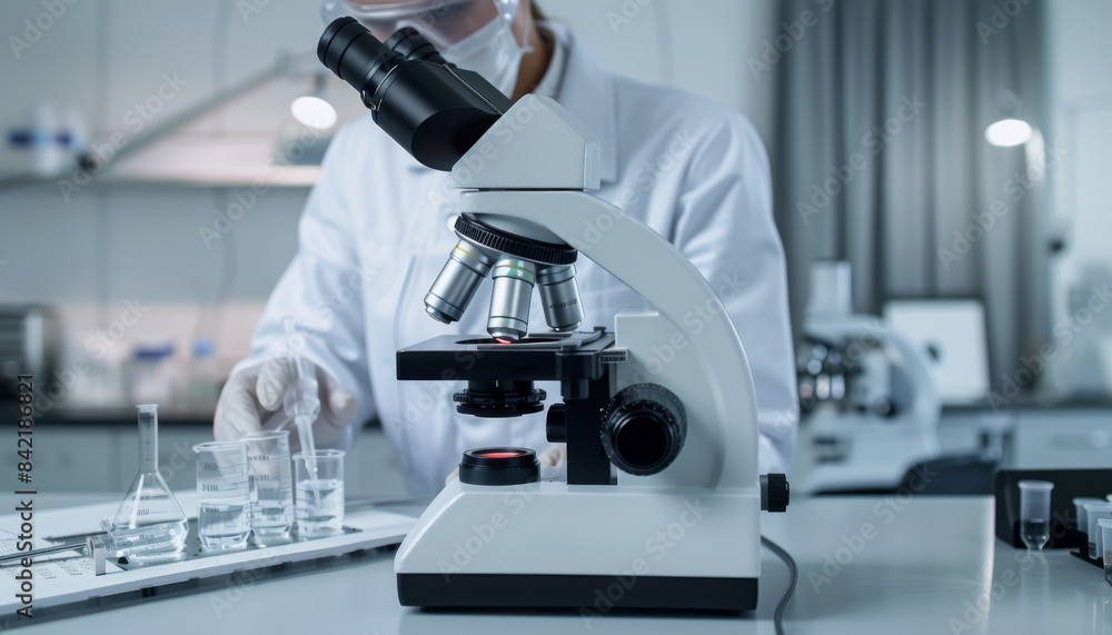 Poster a scientist is using a microscope to examine a sample