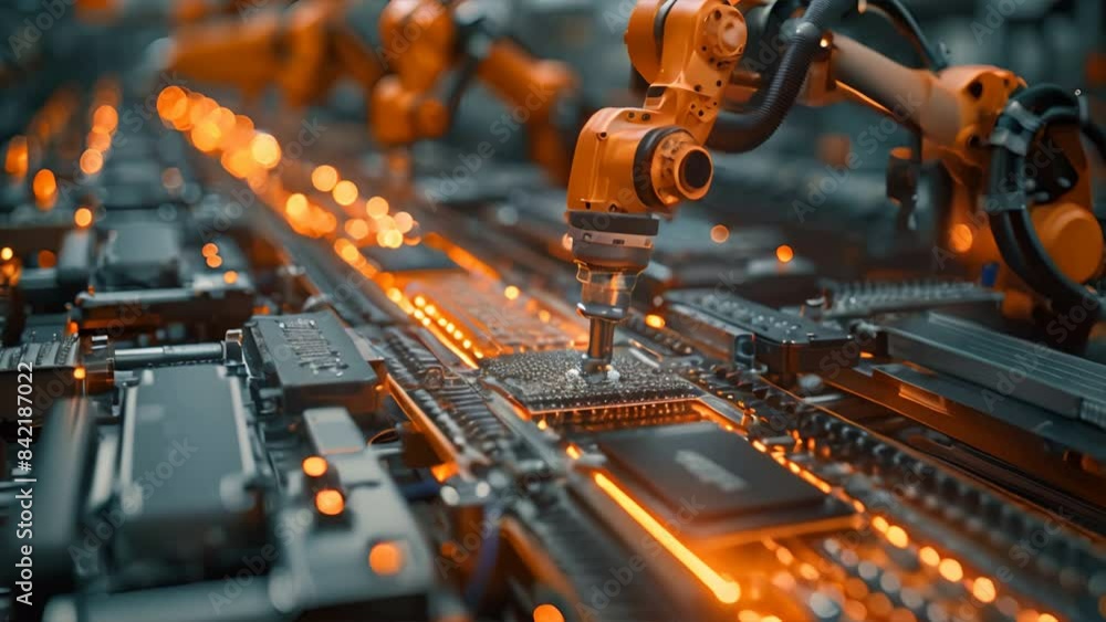 Aufkleber high-precision robot arms automate pcb assembly in modern electronics factory.generative ai