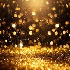Abstract luxury gold background with gold particles. Glitter vintage lights background. Christmas golden light sparkles particles bokeh on dark background. Gold foil texture.